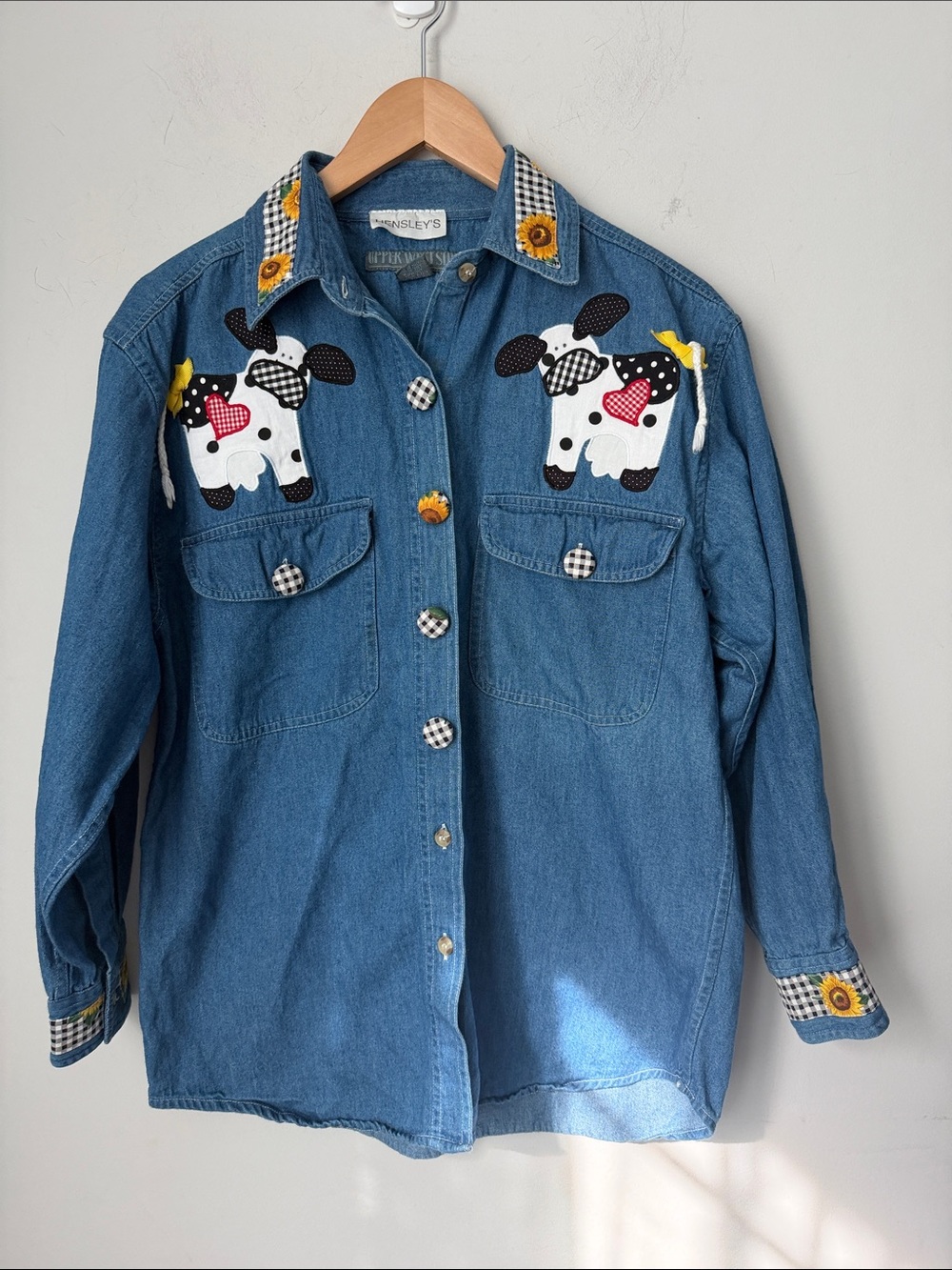 Vintage 90s Cow Appliqué Denim Shirt Sunflower Sz Med